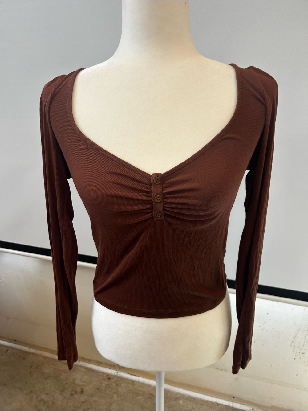 Sunday Best Chocolate Brown Ruched Henley Long Sleeve Top
